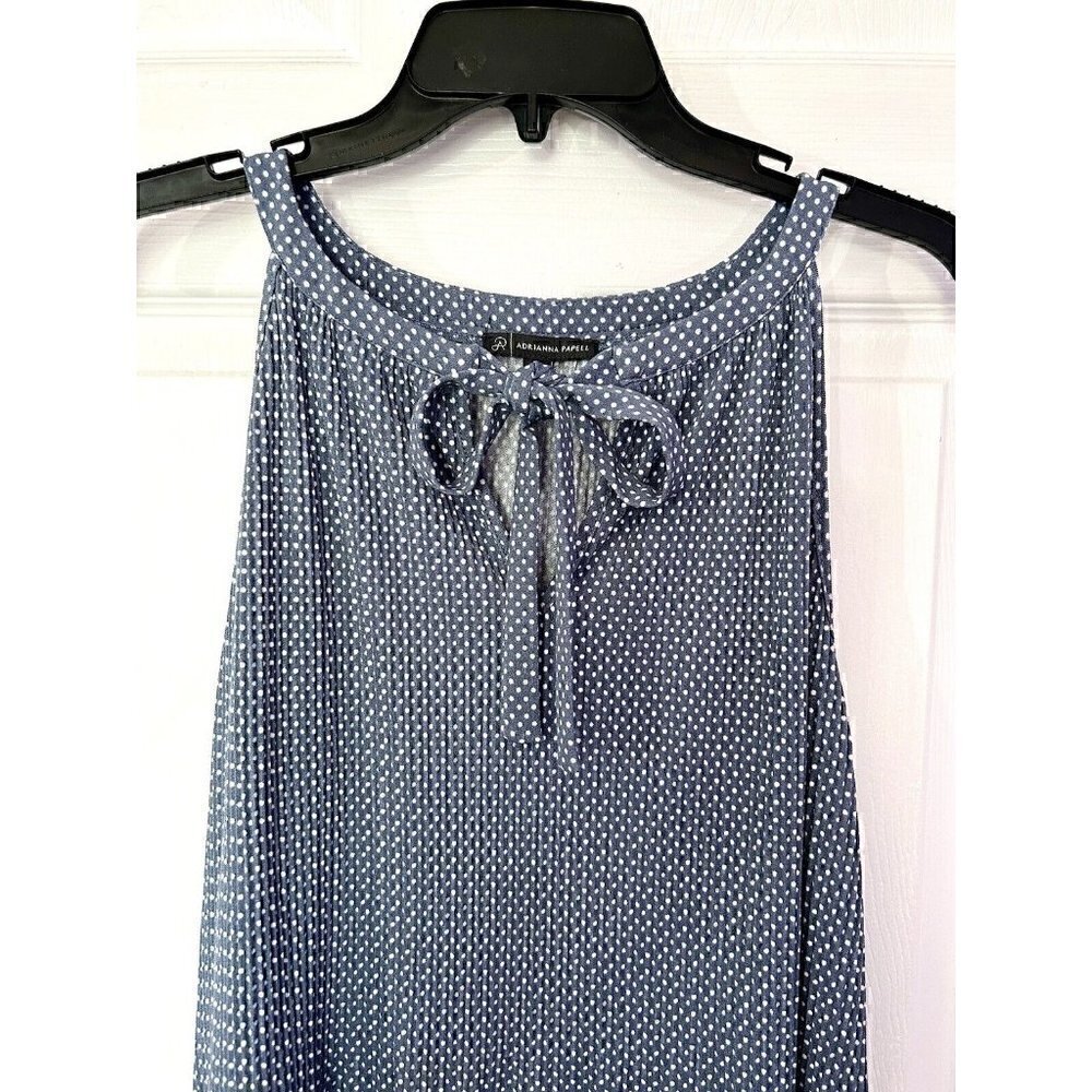 Adrianna Papell Blue White Polka Dot Sleeveless Top Tunic Stretch L Tie Neck